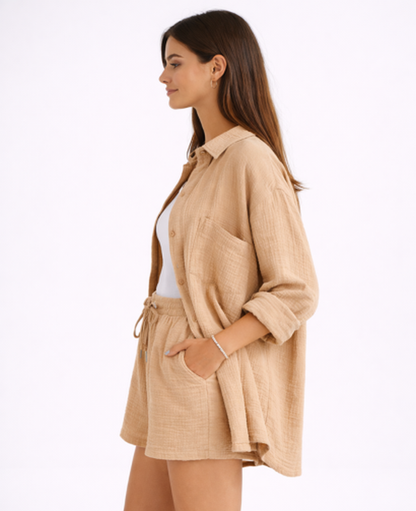 Ensemble Short Femme – Chemise Fluide Boutonnée & Taille Élastique, Style Estival Chic