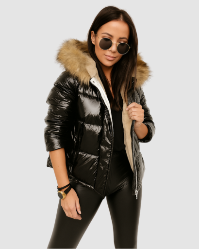 Doudoune Femme Brillante Capuche Fourrée
