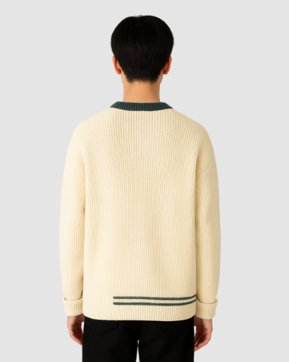 Pull oversize homme en maille grise, détail de la base rayée