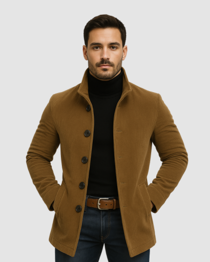 Manteau homme à col montant porté en ville