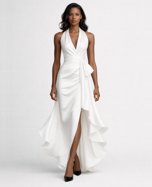 Robe longue satinée femme dos nu drapée avec fente et volants