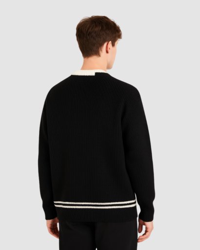 Pull oversize homme en maille brune, détail du col