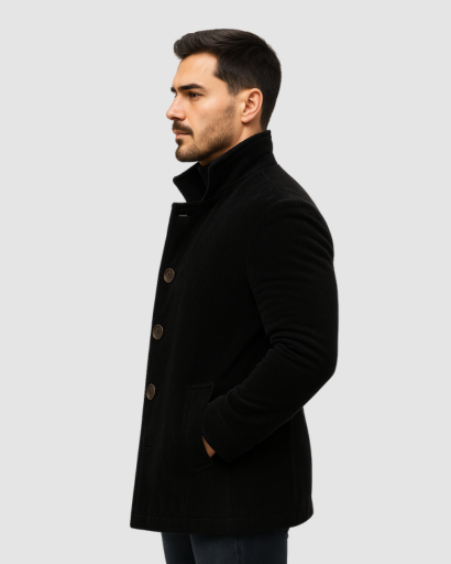 Manteau homme à col montant porté en ville