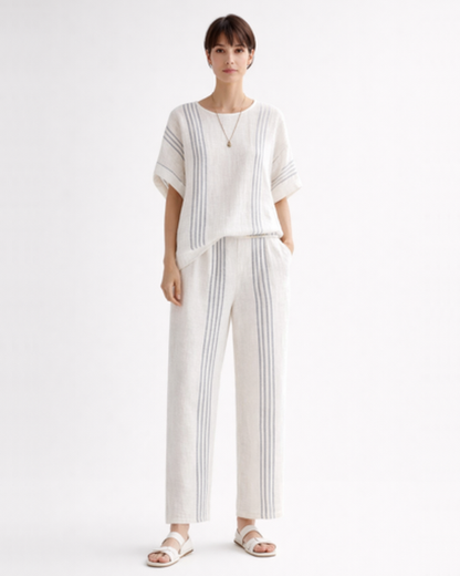 Ensemble Femme Fluide Rayé – Top Ample Respirant & Pantalon Large | Vacances & Détente Chic