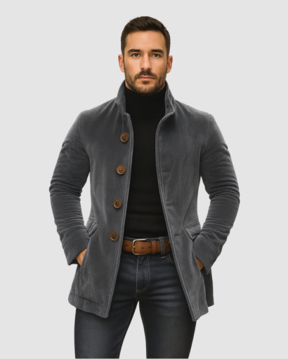 Manteau homme à col montant porté en ville