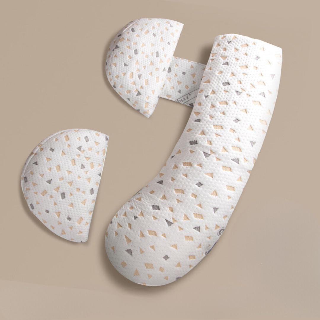 Coussin de grossesse en tissu moucheté crème, support corporel et jambes en forme de C