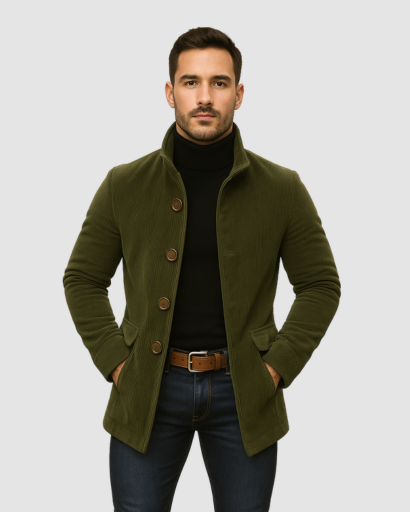 Manteau homme à col montant porté en ville