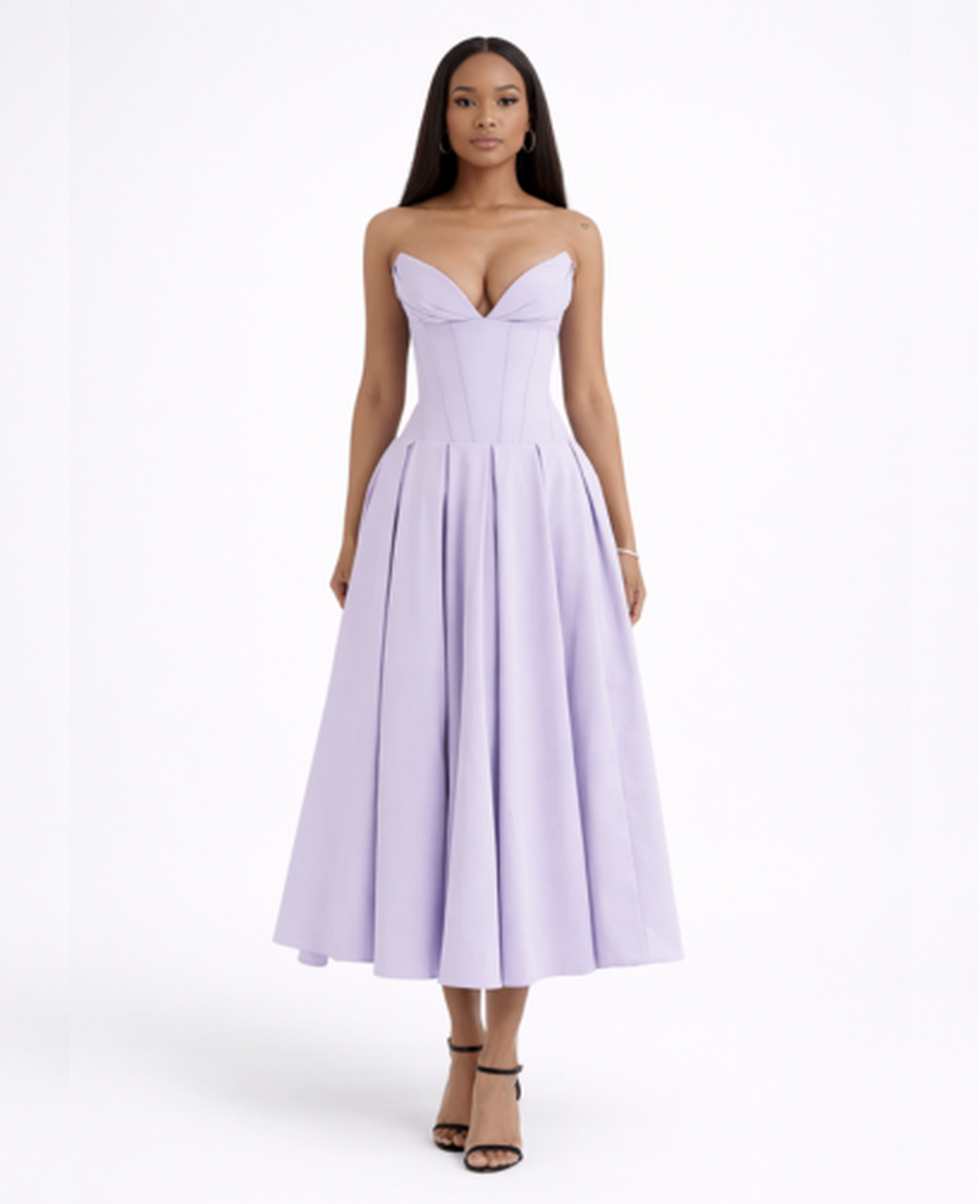 Robe bustier midi évasée avec décolleté structuré et taille cintrée