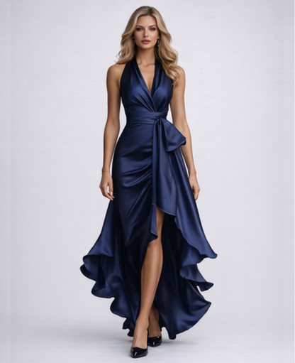 Robe longue satinée femme dos nu drapée avec fente et volants