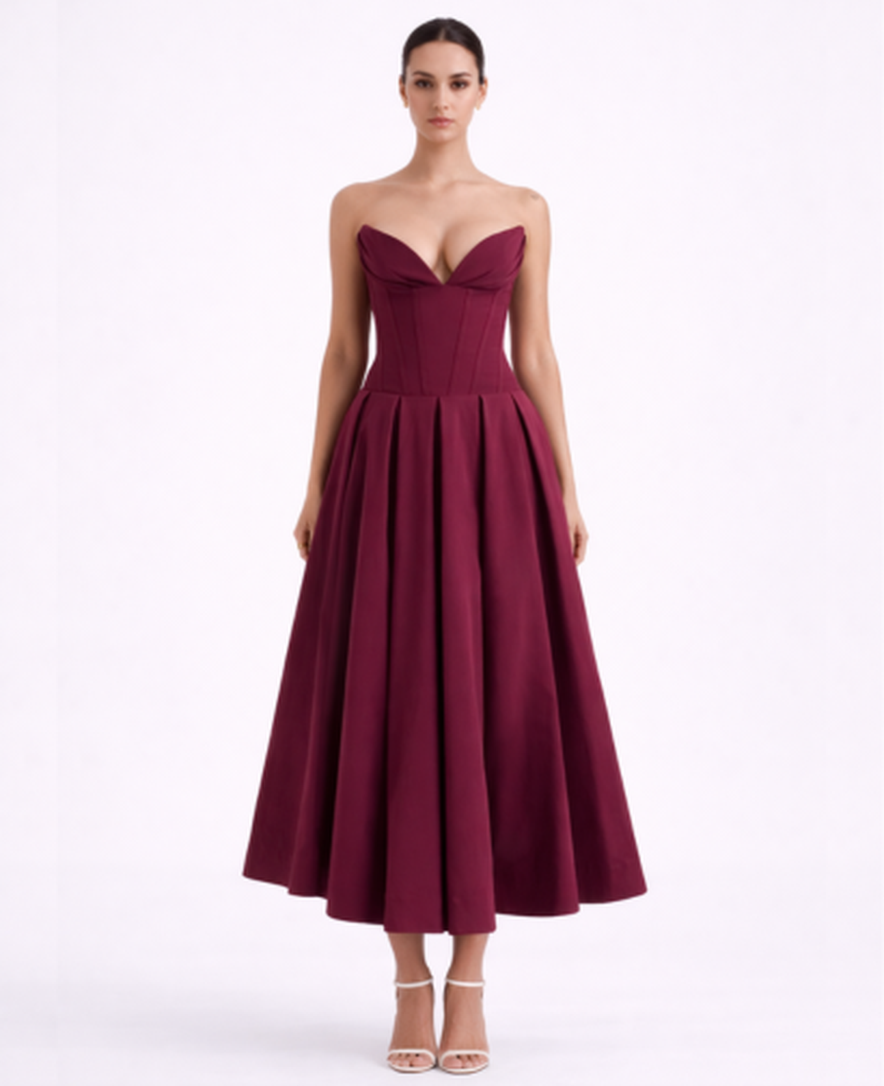 Robe bustier midi évasée avec décolleté structuré et taille cintrée