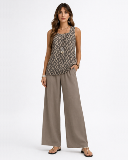 Ensemble 2 Pièces Femme Fluide – Top Sans Manches & Pantalon Large Imprimé | Style Estival