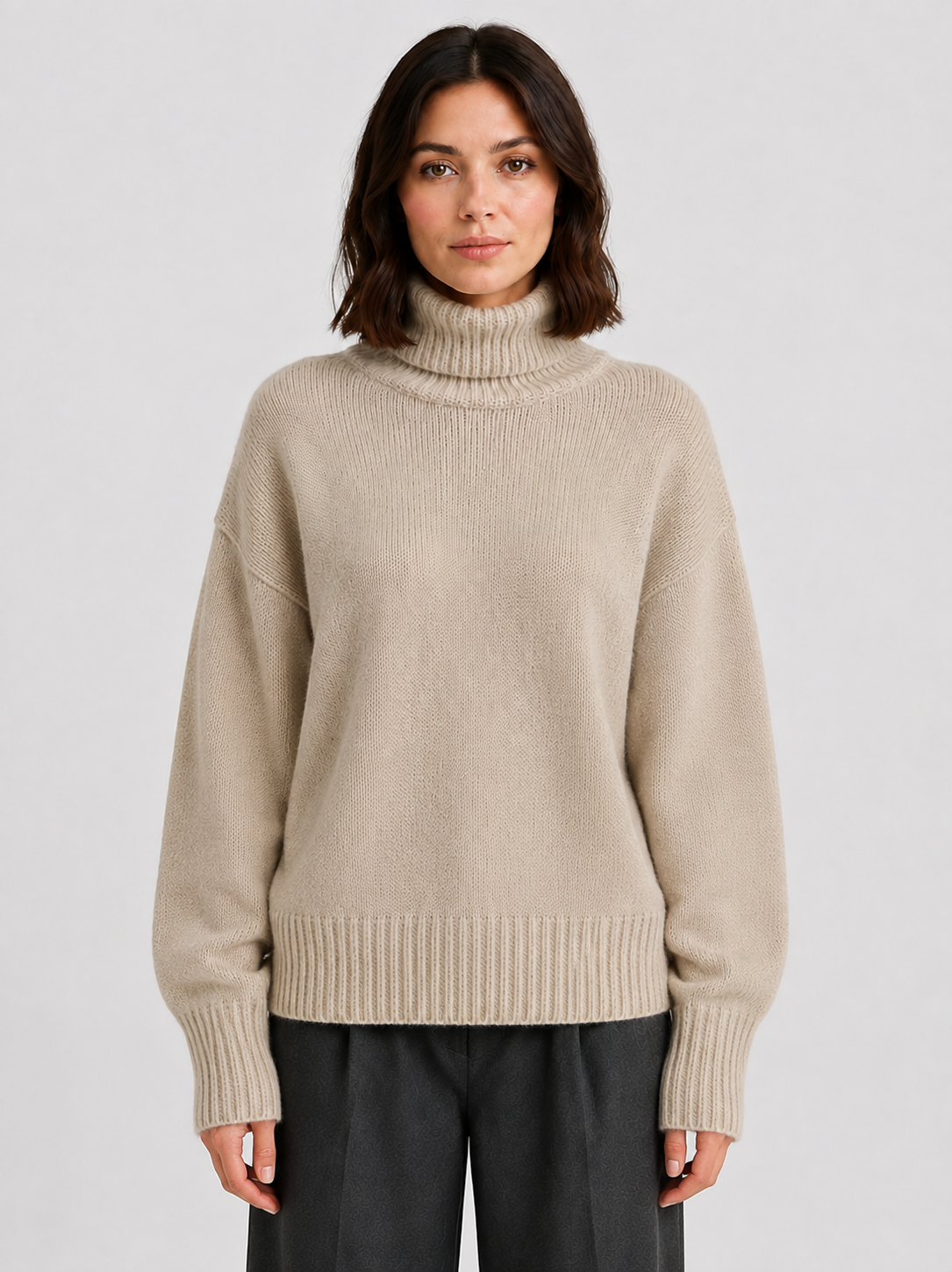 Pull oversize col roulé kaki, vue de dos