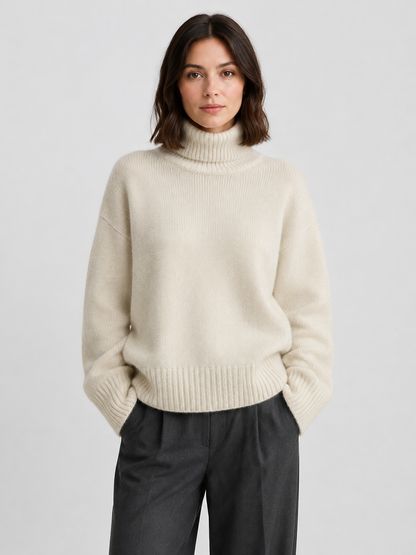 Pull oversize col roulé kaki, détail des poignets
