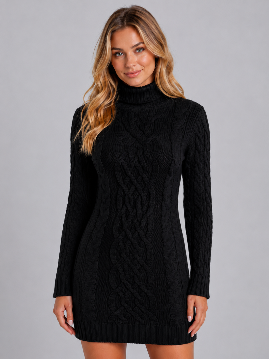 Robe pull torsadée noire, détail col roulé