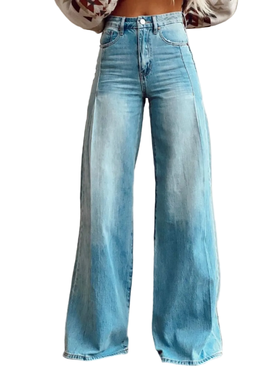 Jean large taille haute bleu, vue de face