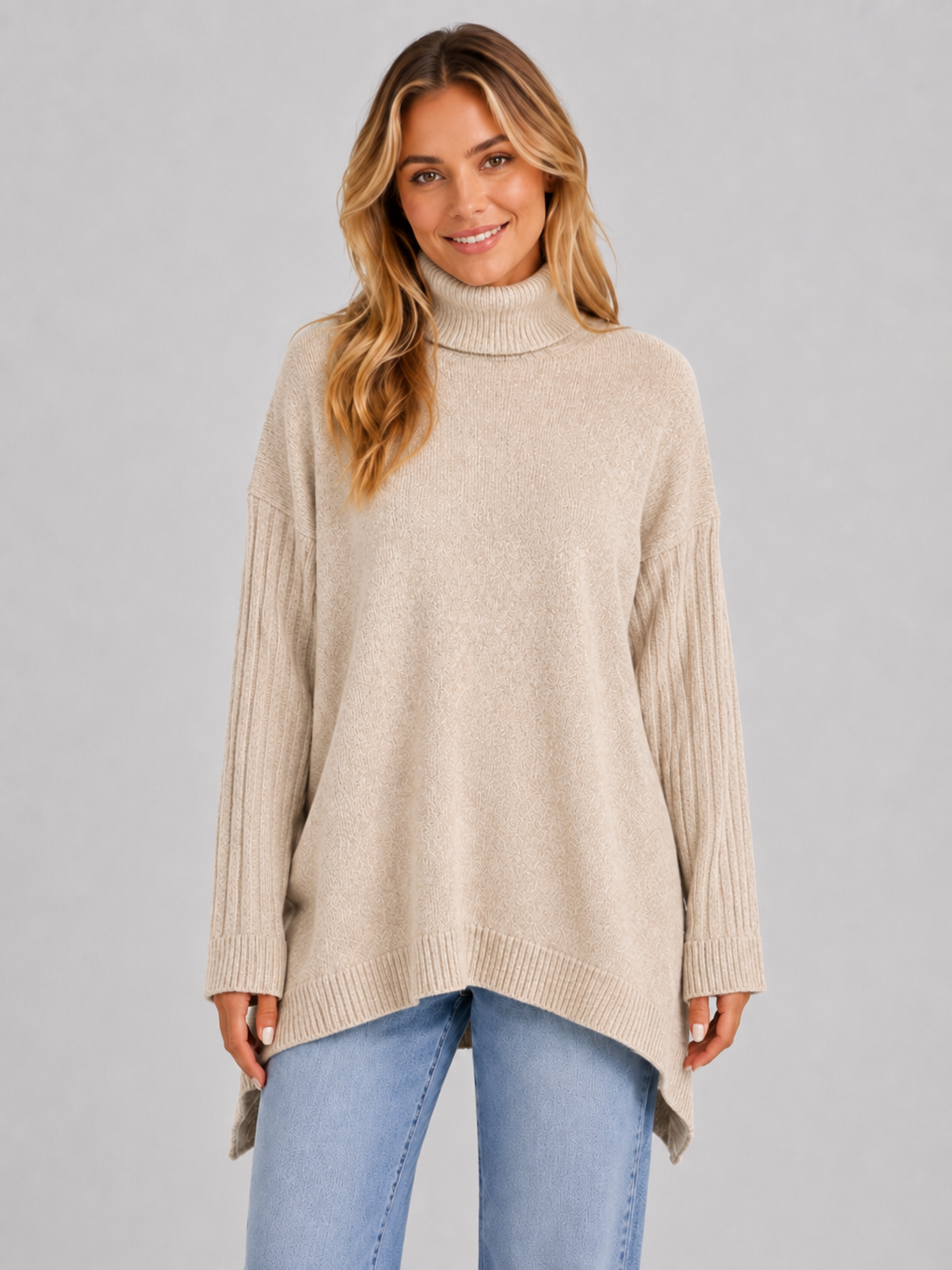 Pull long oversize col roulé bleu, détail poignets