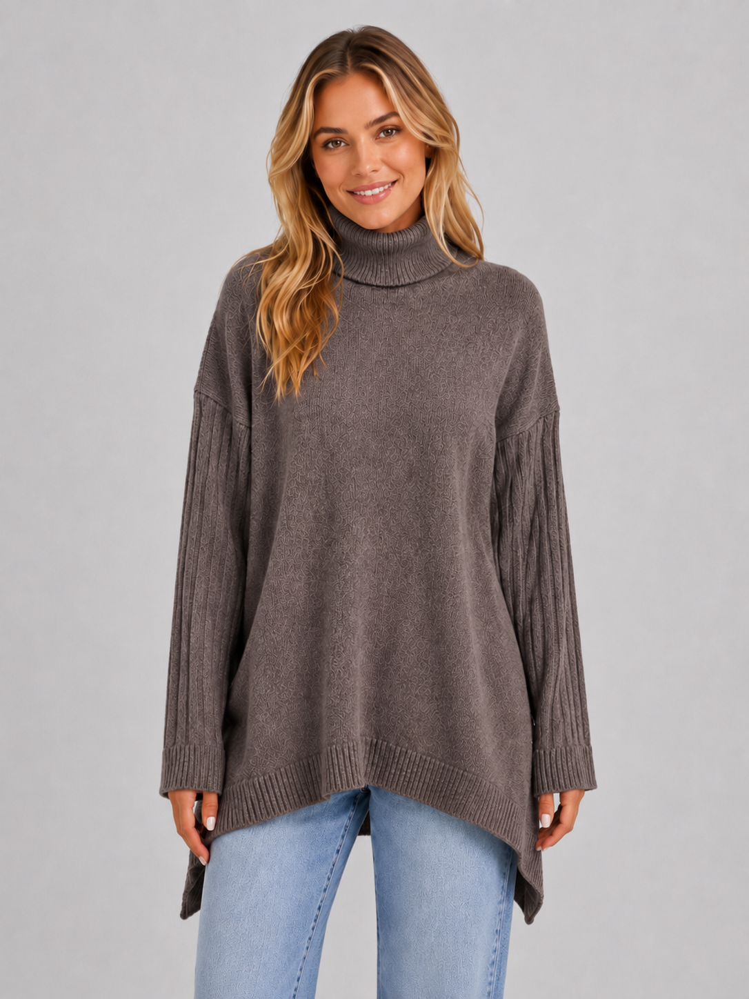 Pull long oversize col roulé bleu, porté