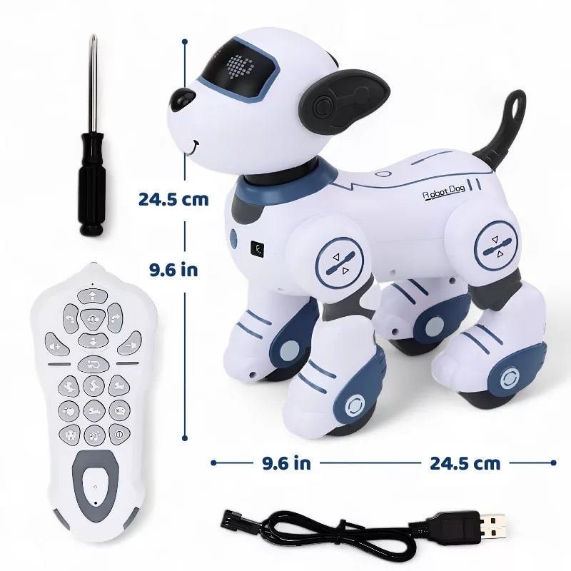 Chiot robot RC, vue de profil montrant la queue qui remue