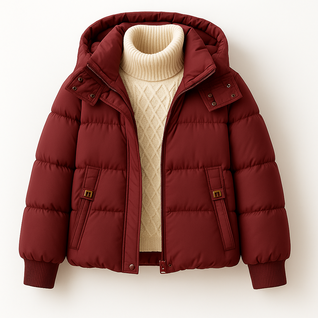 Doudoune courte cropped rouge capuche ajustable