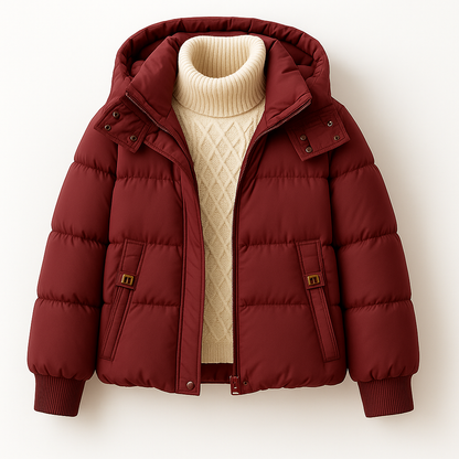 Doudoune courte cropped rouge capuche ajustable