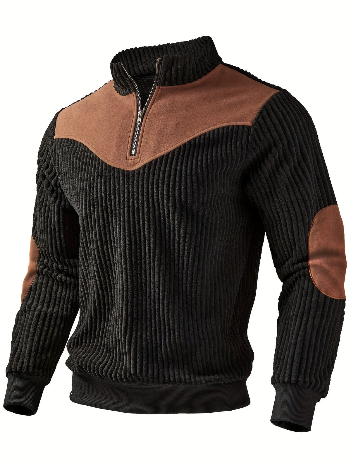 Pull demi-zip côtelé noir avec empiècements suédine marron