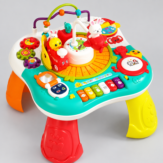 Table d'éveil multifonction verte avec train électrique, vue de face
