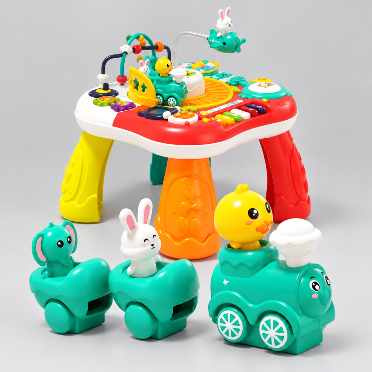 Table d'éveil avec train électrique et figurines lapin, éléphant et canard