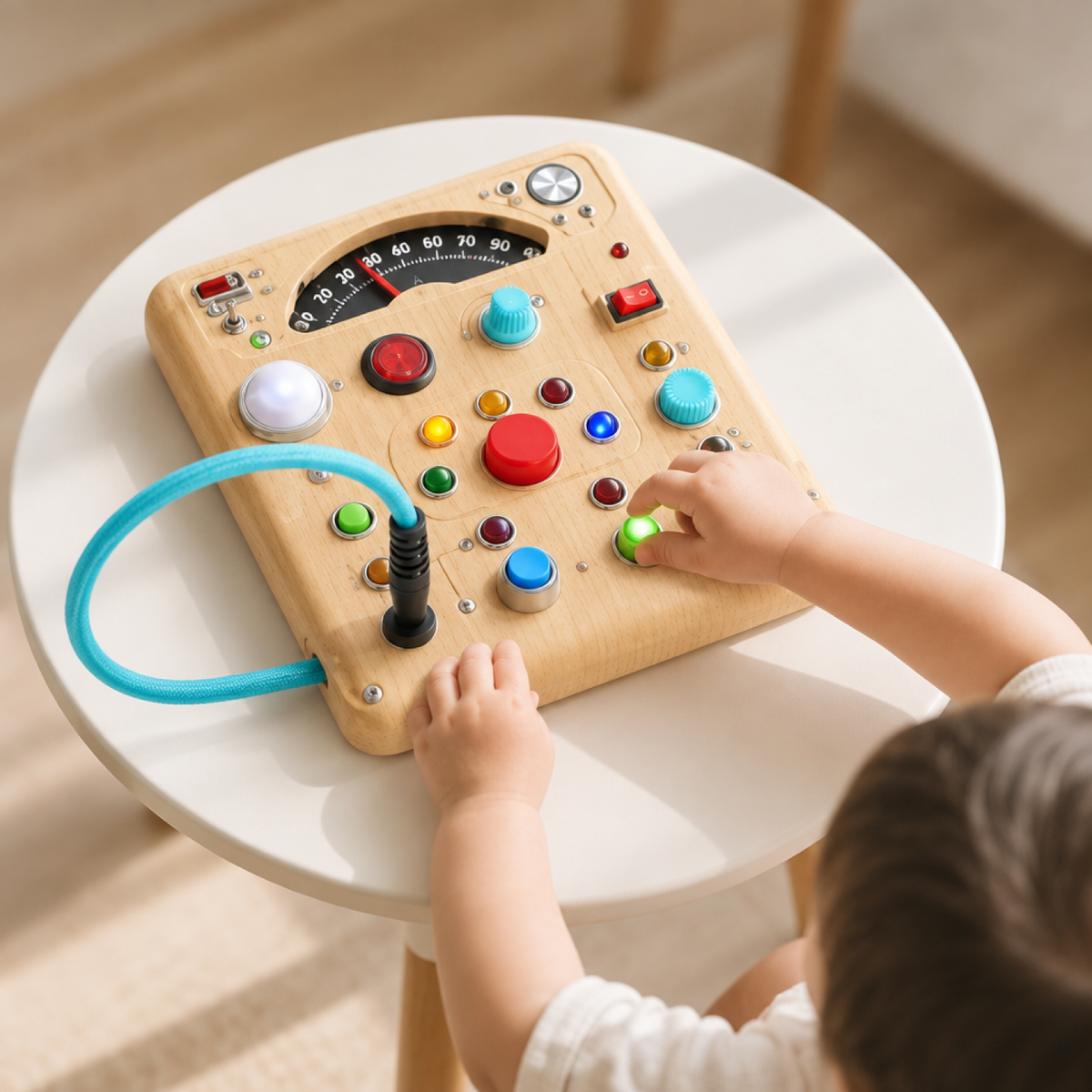 Enfant jouant avec la planche d'éveil sensorielle en bois sur une table