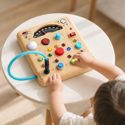 Enfant jouant avec la planche d'éveil sensorielle en bois sur une table