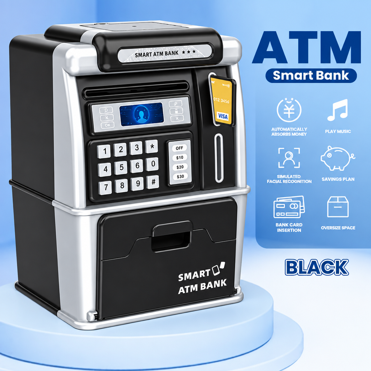 Tirelire ATM électronique noire pour enfants avec fente pour carte à puce, clavier et écran de solde numérique