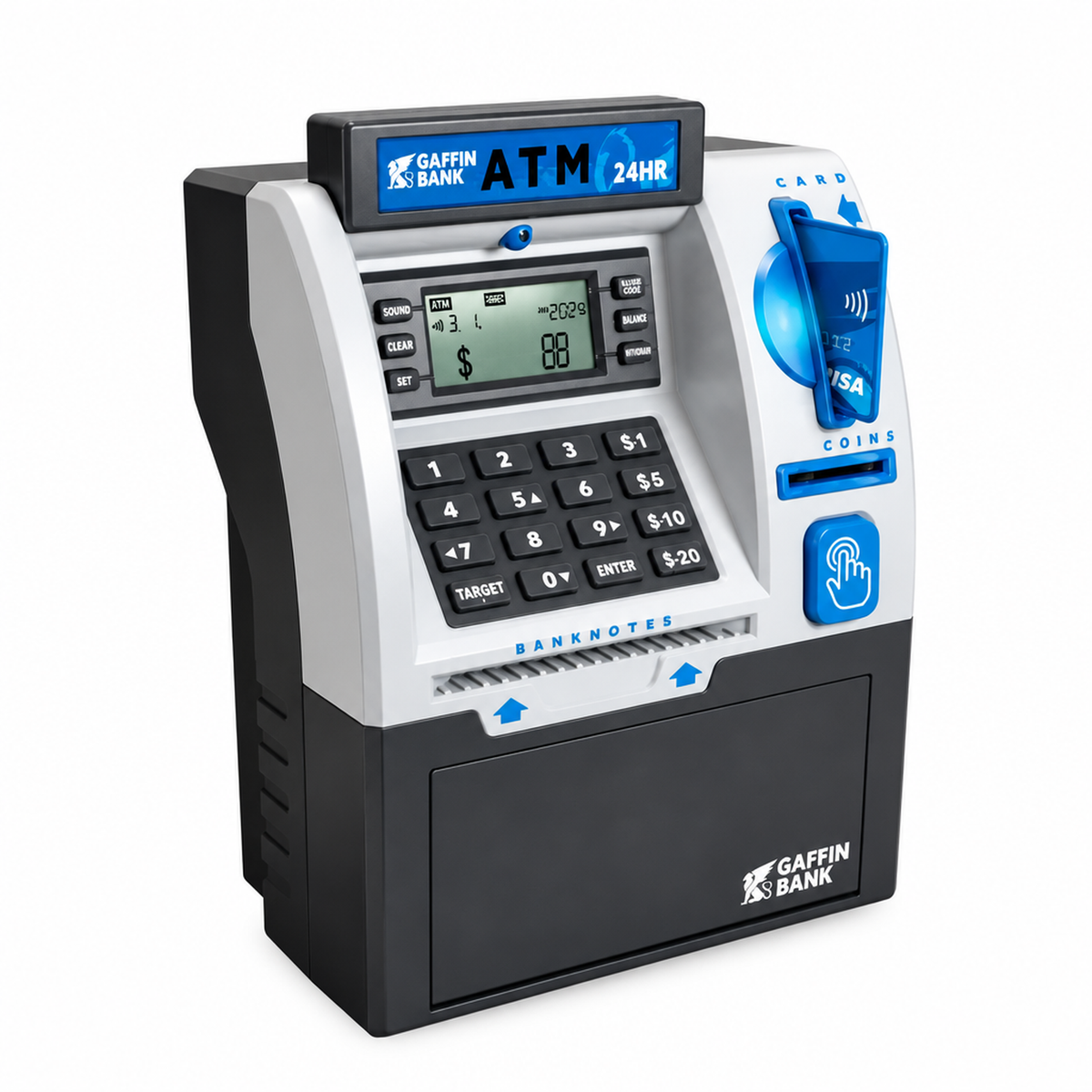 Tirelire ATM électronique gris foncé pour enfants avec fente pour carte à puce, clavier et écran de solde numérique