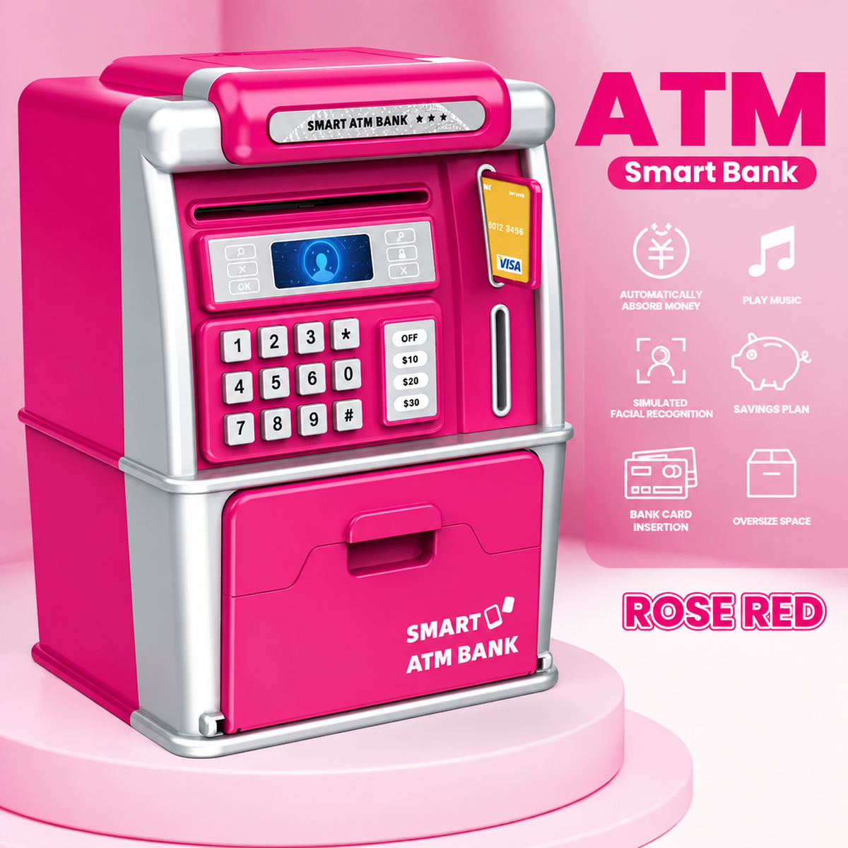 Tirelire ATM électronique rouge rose pour enfants avec fente pour carte à puce, clavier et écran de solde numérique