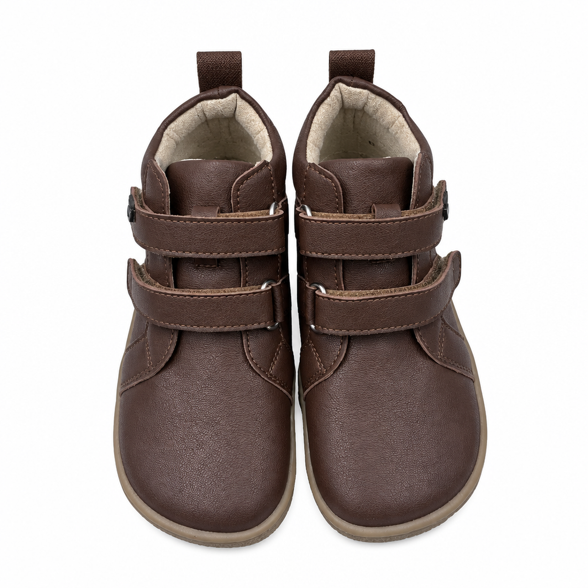 Bottine barefoot en cuir marron pour tout-petits, photo produit en studio