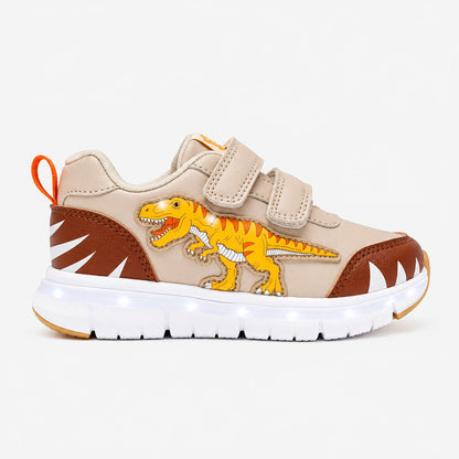 Baskets LED enfant dinosaure T-Rex beige aspect cuir, vue de profil sur fond blanc