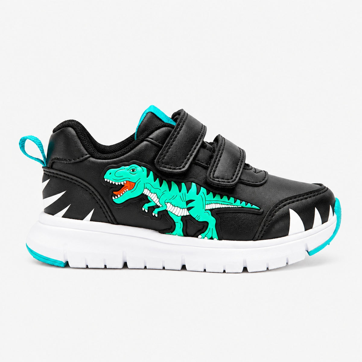 Baskets LED enfant dinosaure T-Rex noires aspect cuir, vue de profil sur fond blanc