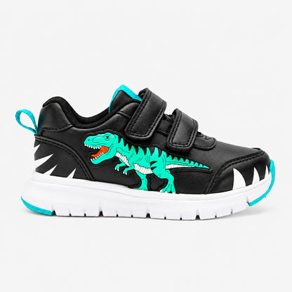Baskets LED enfant dinosaure T-Rex noires aspect cuir, vue de profil sur fond blanc