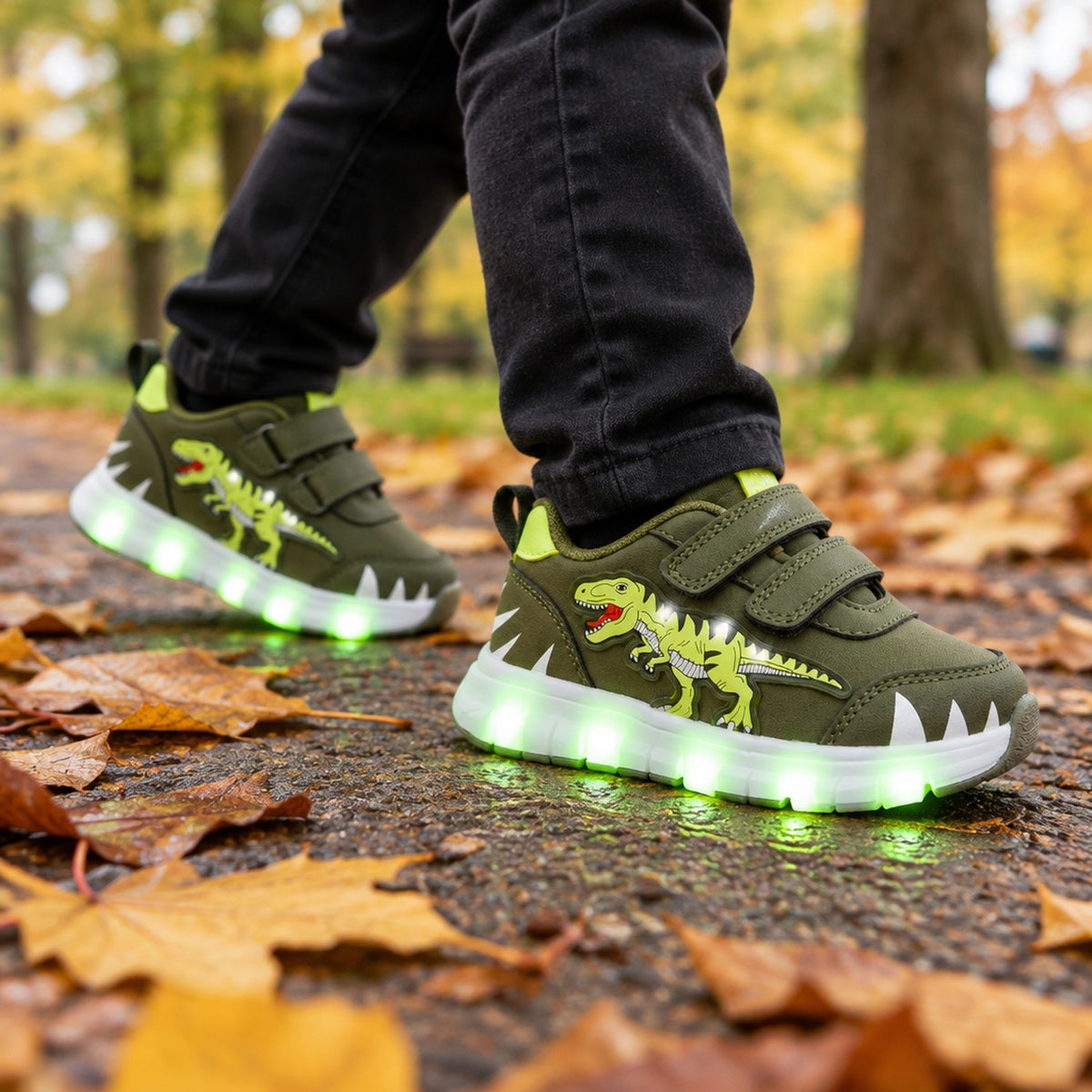 Enfant portant les baskets LED dinosaure vert kaki en extérieur au parc
