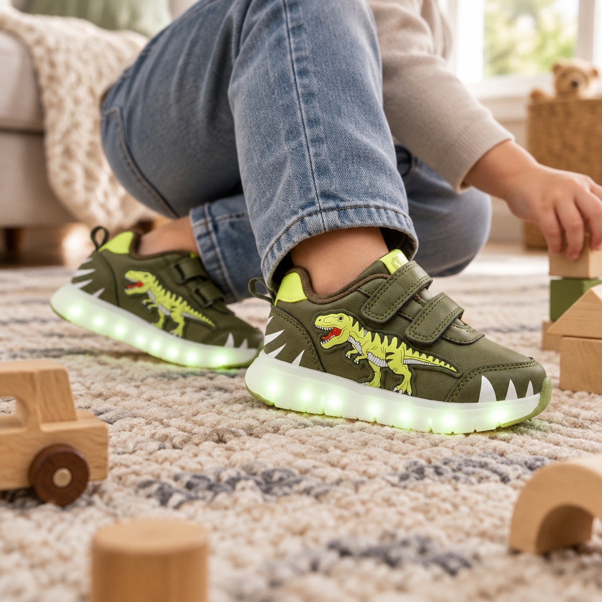 Enfant portant les baskets LED dinosaure vert kaki à l'intérieur de la maison
