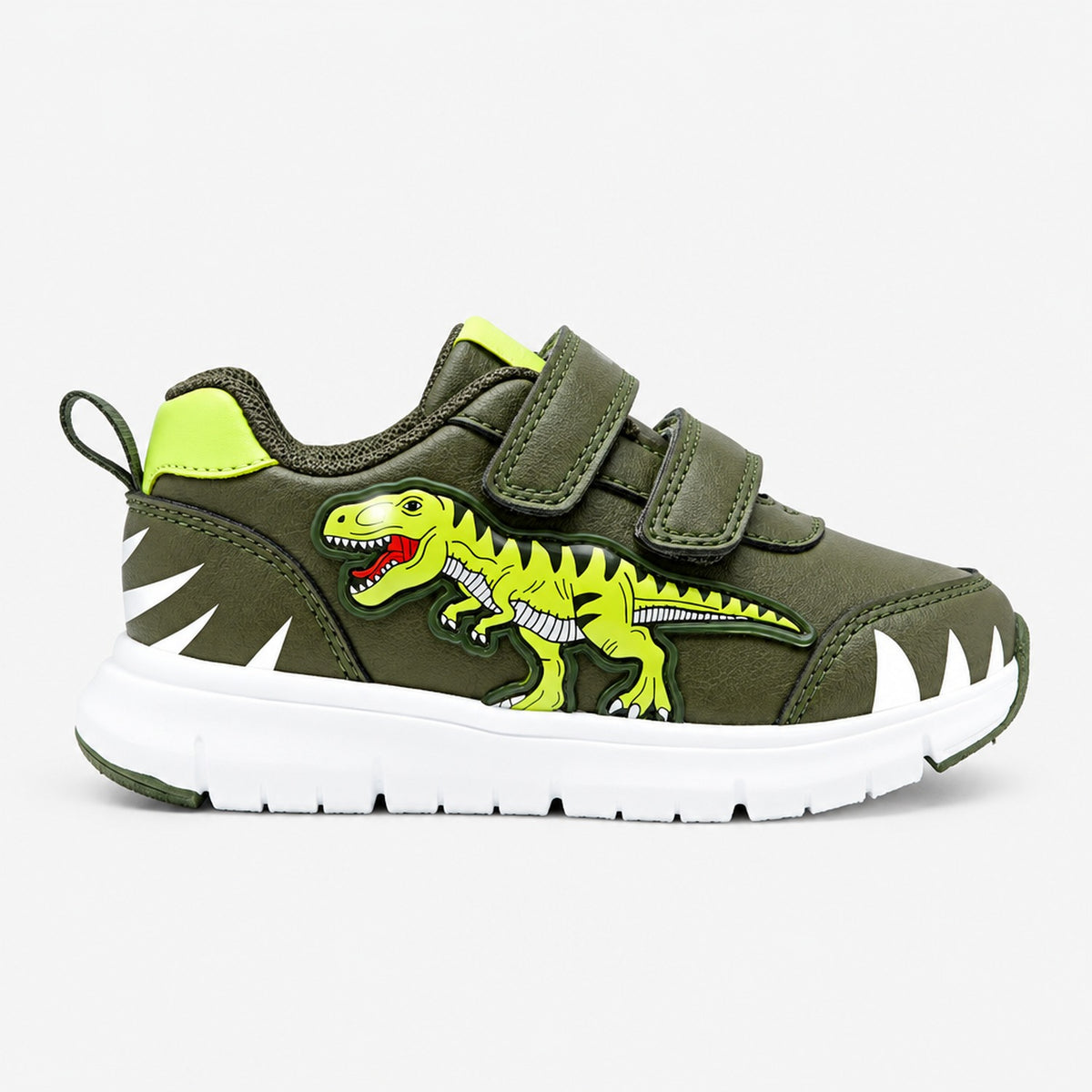 Baskets LED enfant dinosaure T-Rex vert kaki aspect cuir, vue de profil sur fond blanc