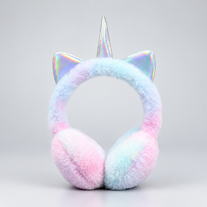 Cache-oreilles licorne en peluche bleu pour enfant avec corne irisée, photo produit en studio