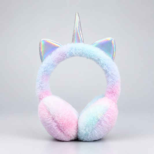 Cache-oreilles licorne en peluche bleu pour enfant avec corne irisée, photo produit en studio