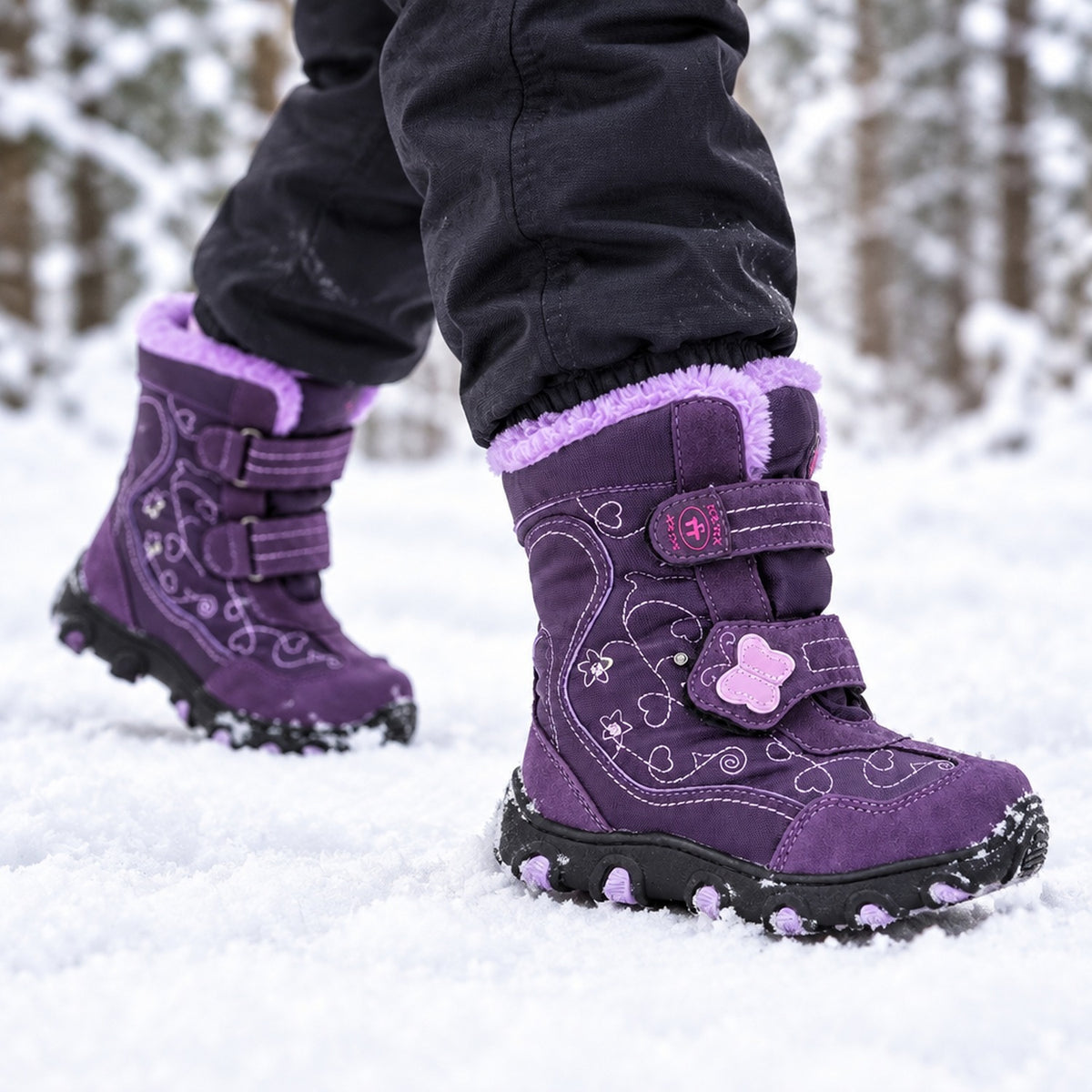 Enfant marchant dans la neige en forêt avec les bottes de neige violettes doublées peluche