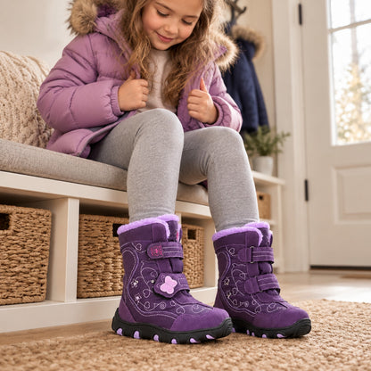 Fillette portant les bottes de neige violettes à l'intérieur, assise dans l'entrée de la maison
