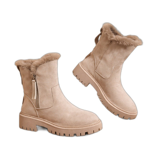 Bottes à talons avec plateforme et doublure chaude, paire vue de trois-quarts
