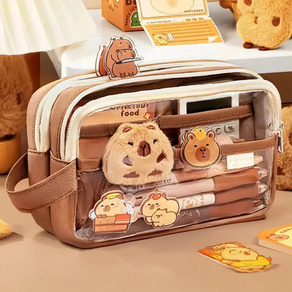 Gros plan sur la fermeture éclair de la trousse capybara