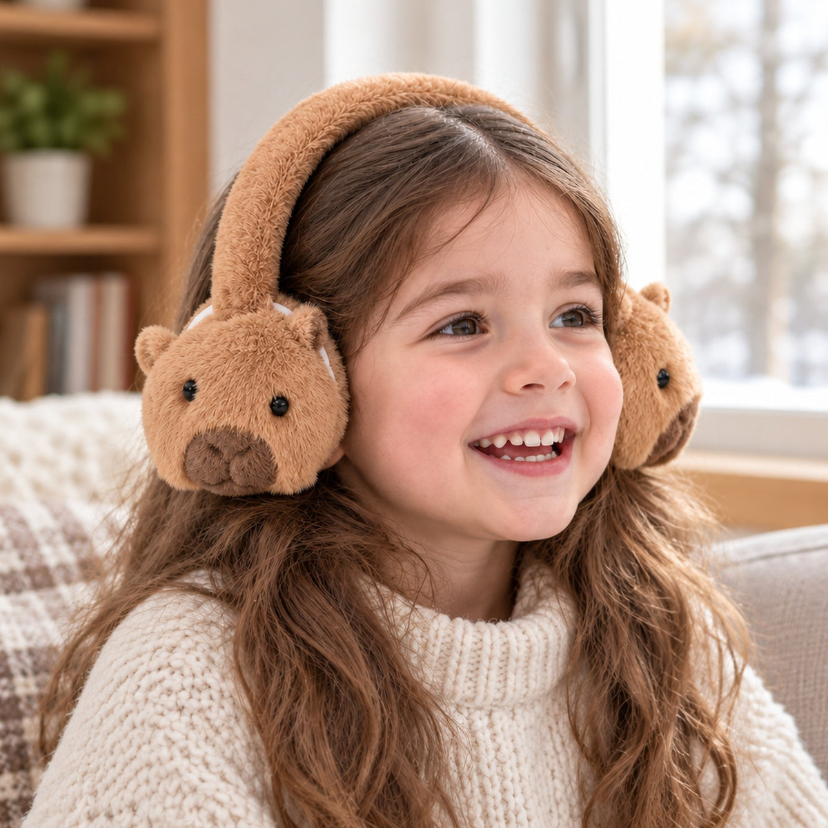 Fillette portant le cache-oreilles capybara en peluche caramel à l'intérieur
