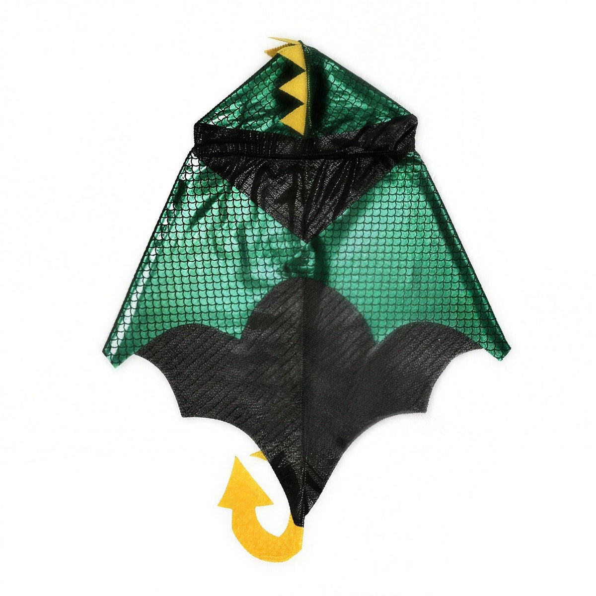 Détail du tissu écailleux et de la capuche pointue de la cape dragon vert