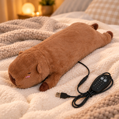 Gros plan du câble USB et du boîtier de réglage chaleur et minuterie de la bouillotte capybara allongé