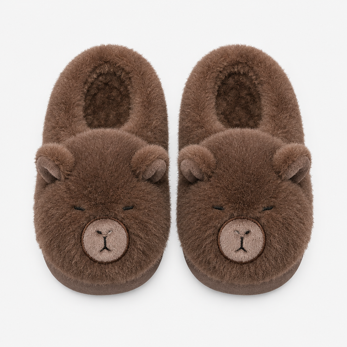 Paire de chaussons capybara marron foncé vue de dessus, côte à côte