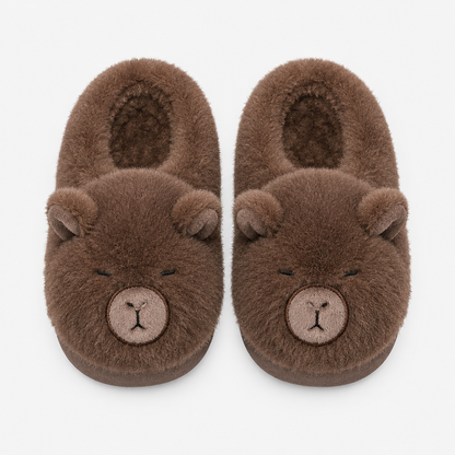 Paire de chaussons capybara marron foncé vue de dessus, côte à côte